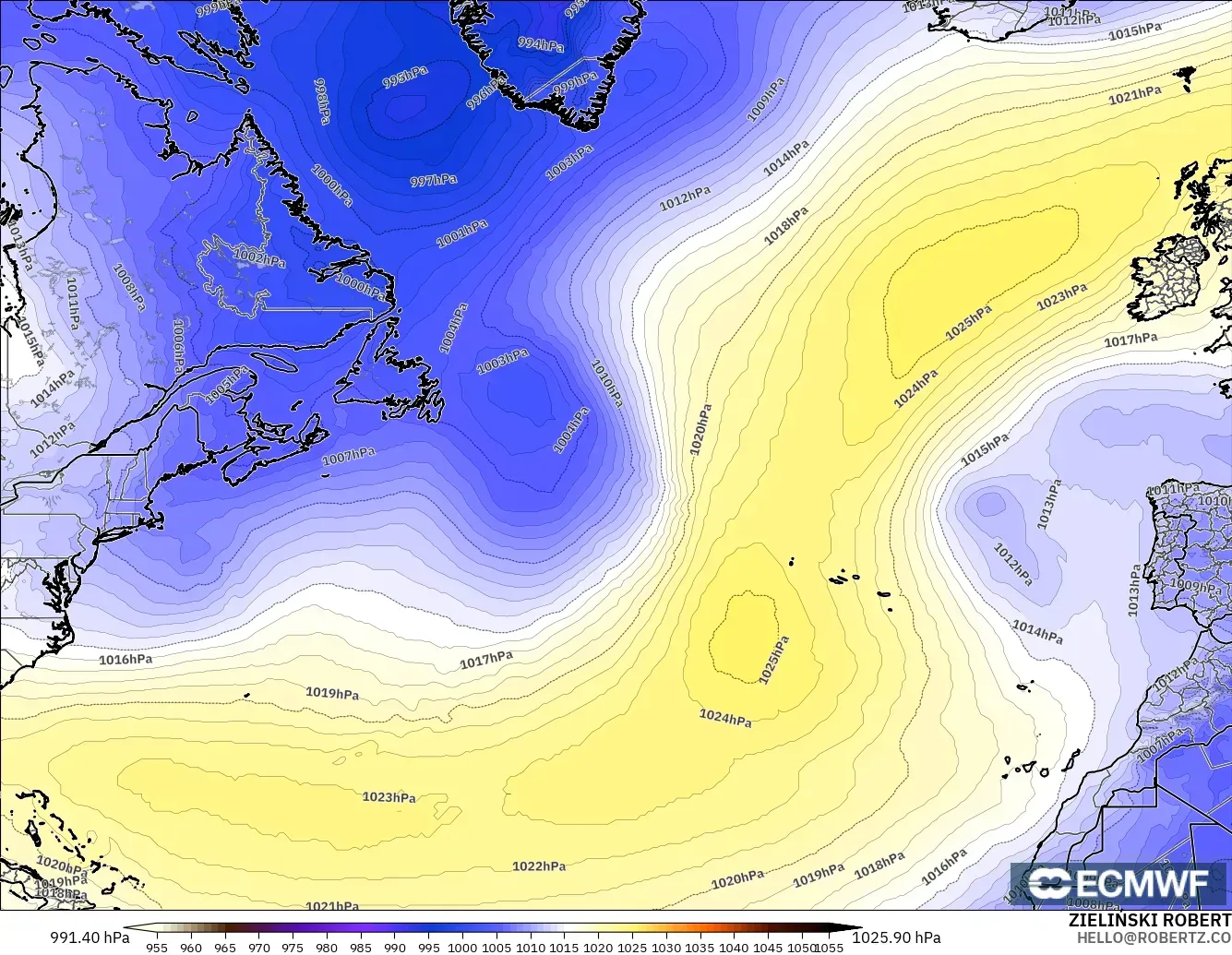 ECMWF IFS 0.25° model - North Atlantic, Pressure