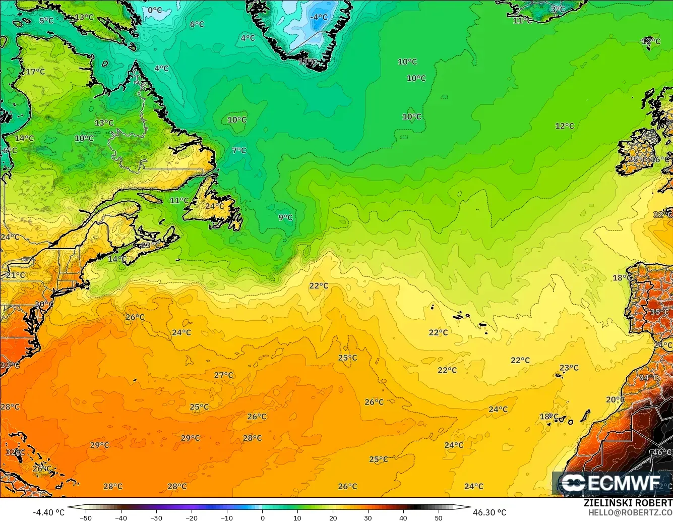 ECMWF IFS 0.25° model - North Atlantic, Temperature at 2m