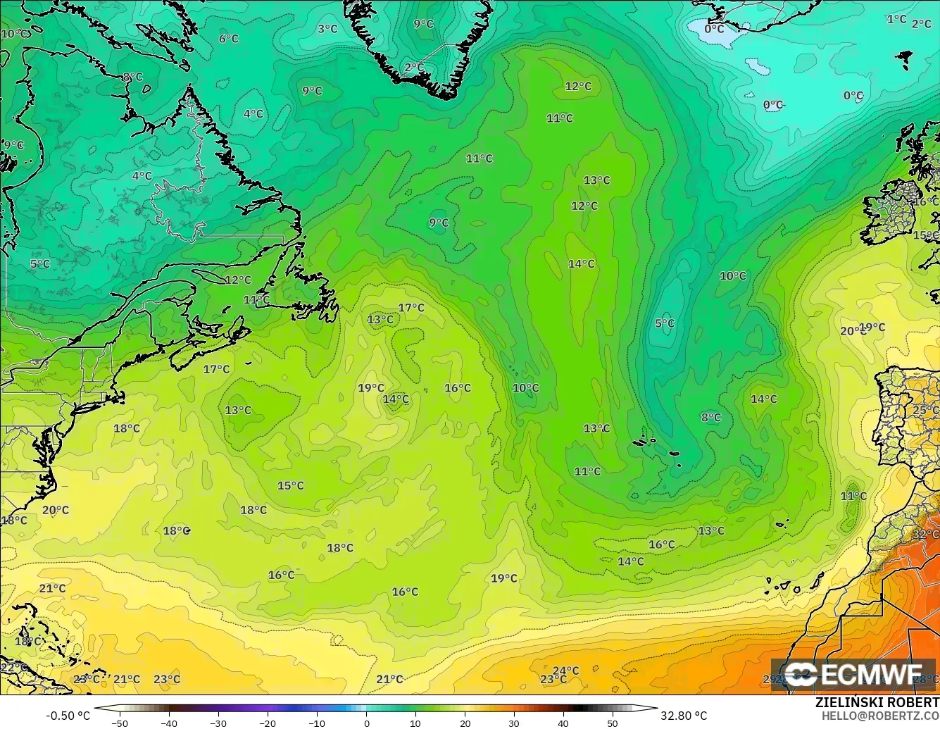 ECMWF IFS 0.25° model - North Atlantic, Temperature at 850hPa