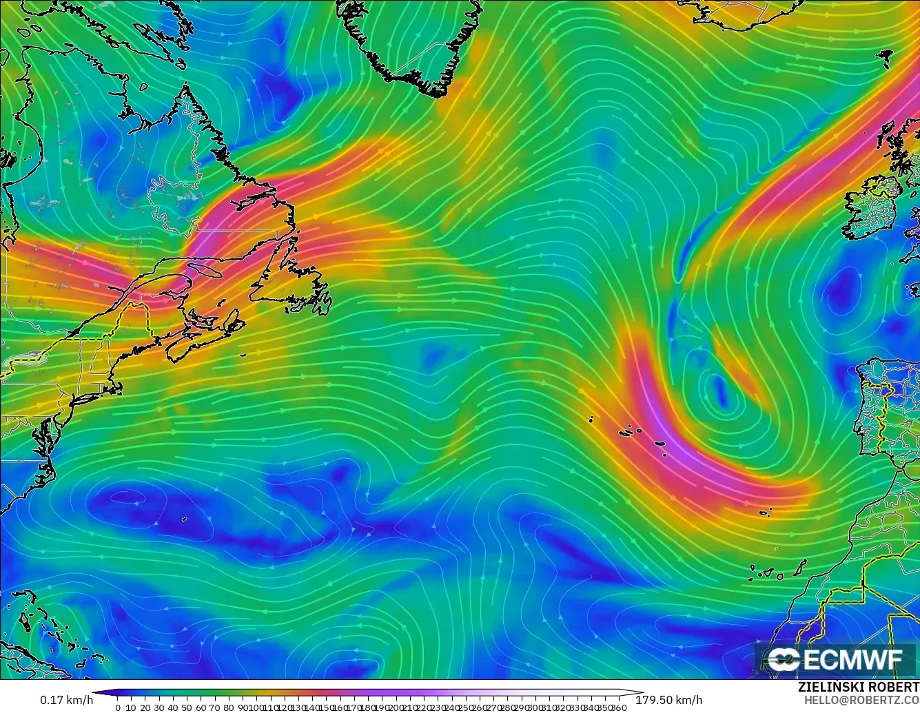ECMWF IFS 0.25° model - North Atlantic, Wind at 300hPa (jet stream)