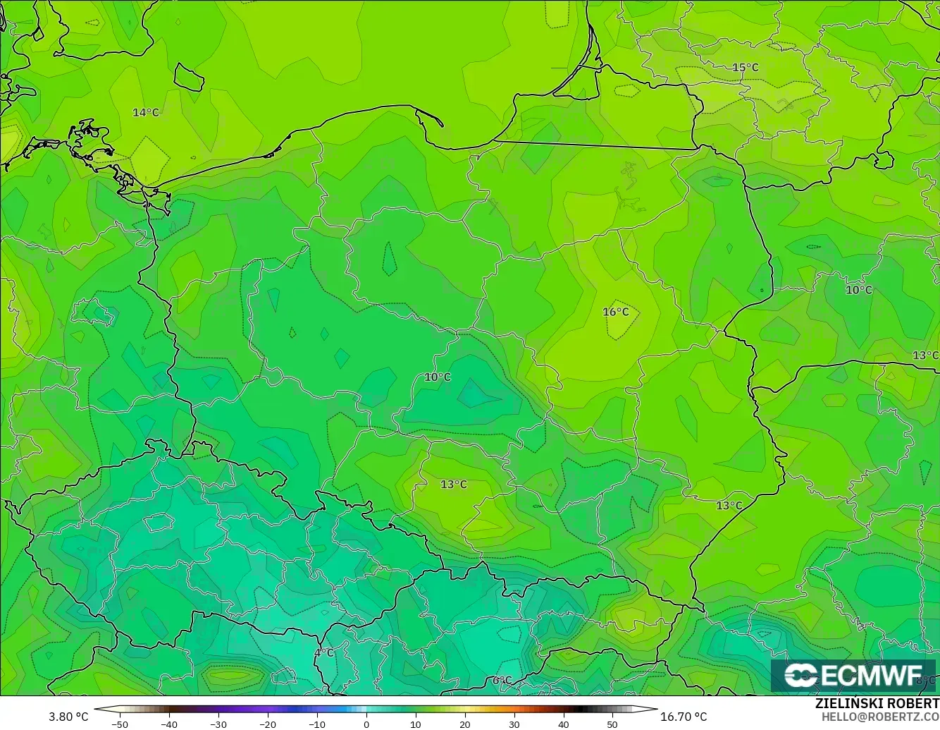 ECMWF IFS 0.25° model - Poland, Dewpoint at 2m