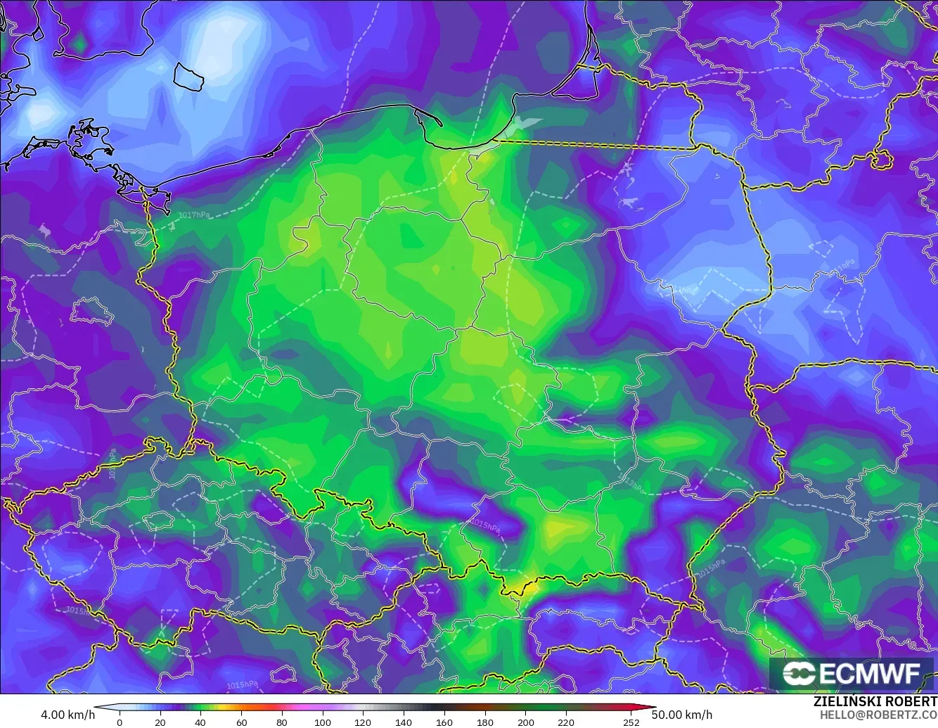 ECMWF IFS 0.25° model - Poland, Wind Gusts