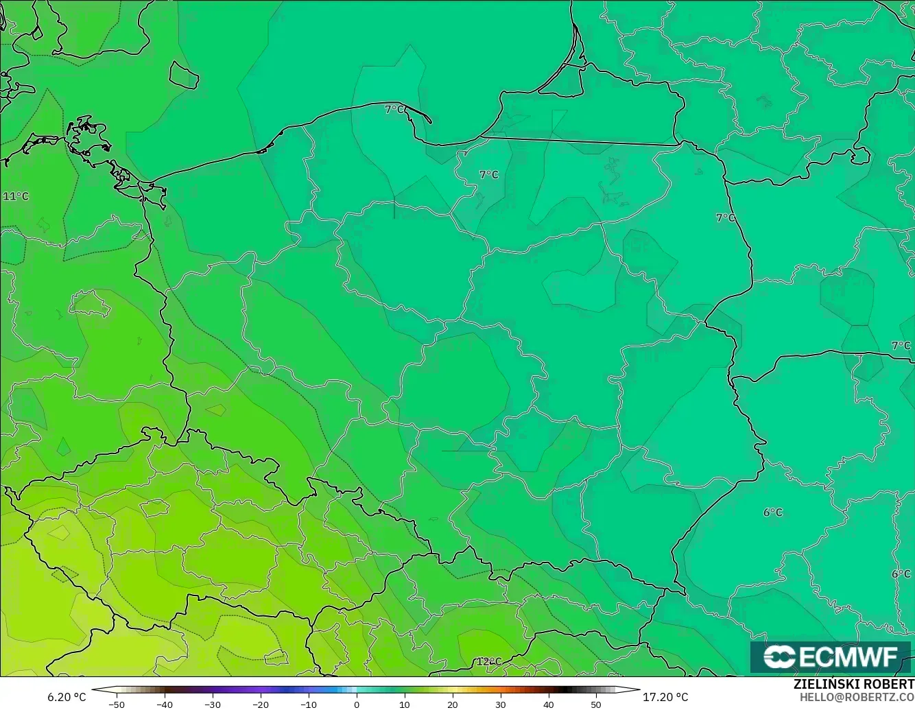 ECMWF IFS 0.25° model - Poland, Temperature at 850hPa