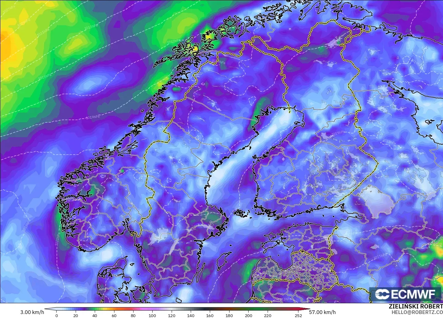 ECMWF IFS 0.25° model - Scandinavia, Wind Gusts