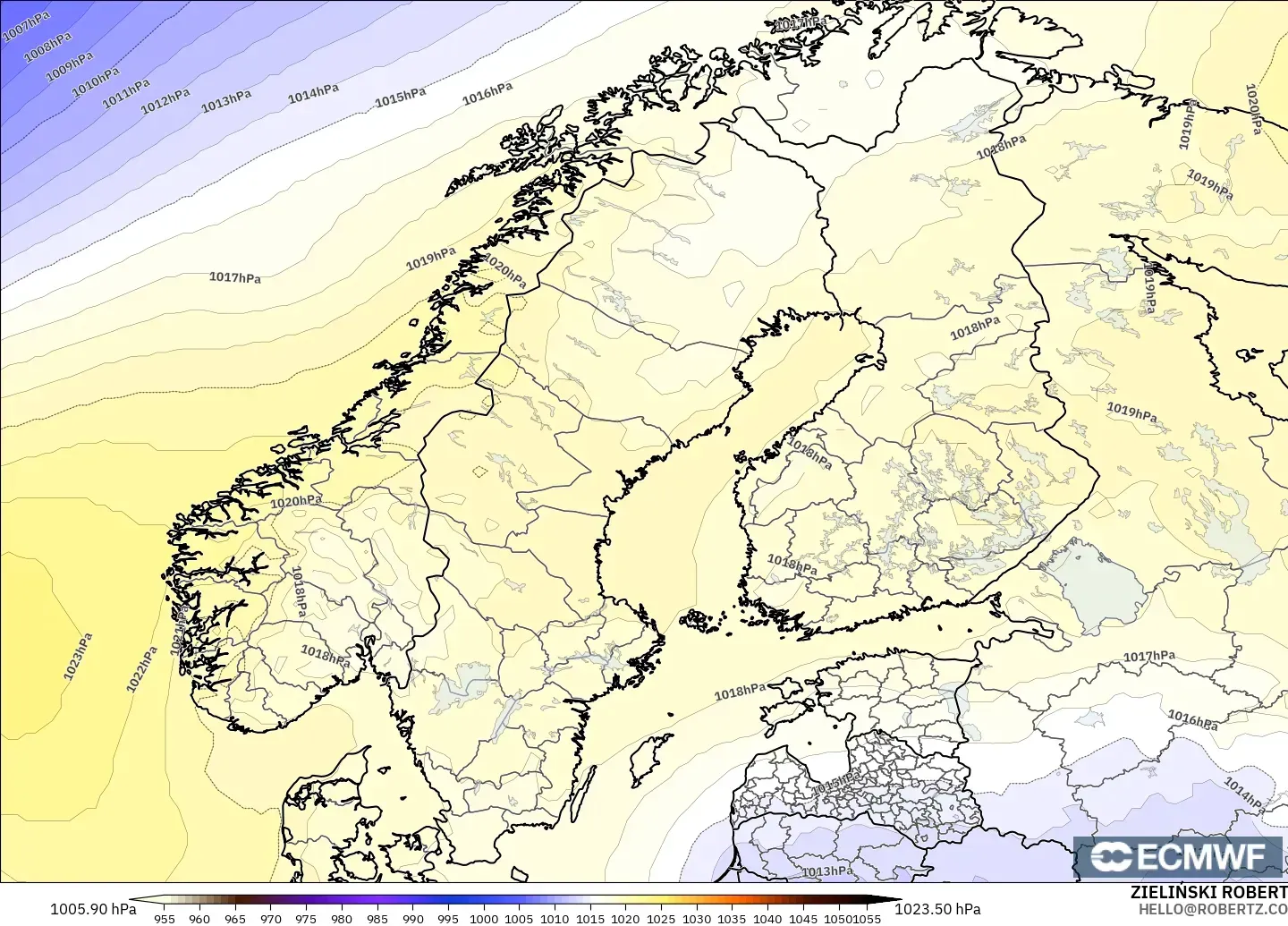ECMWF IFS 0.25° model - Scandinavia, Pressure