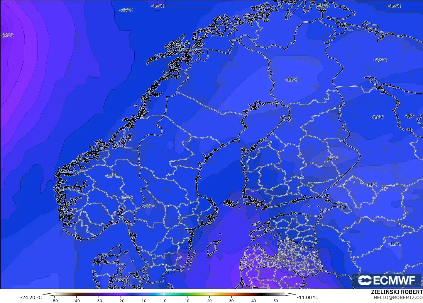 ECMWF IFS 0.25° model - Scandinavia, Temperature at 500hPa