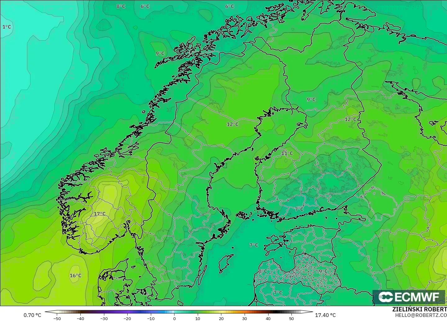 ECMWF IFS 0.25° model - Scandinavia, Temperature at 850hPa