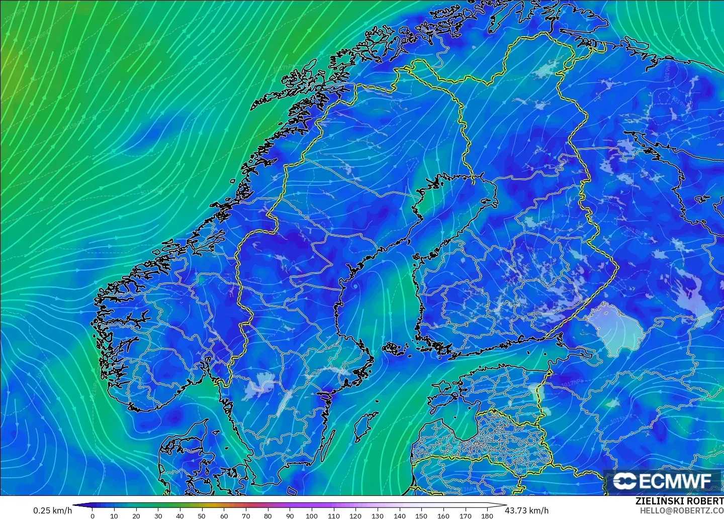 ECMWF IFS 0.25° model - Scandinavia, Wind at 10m
