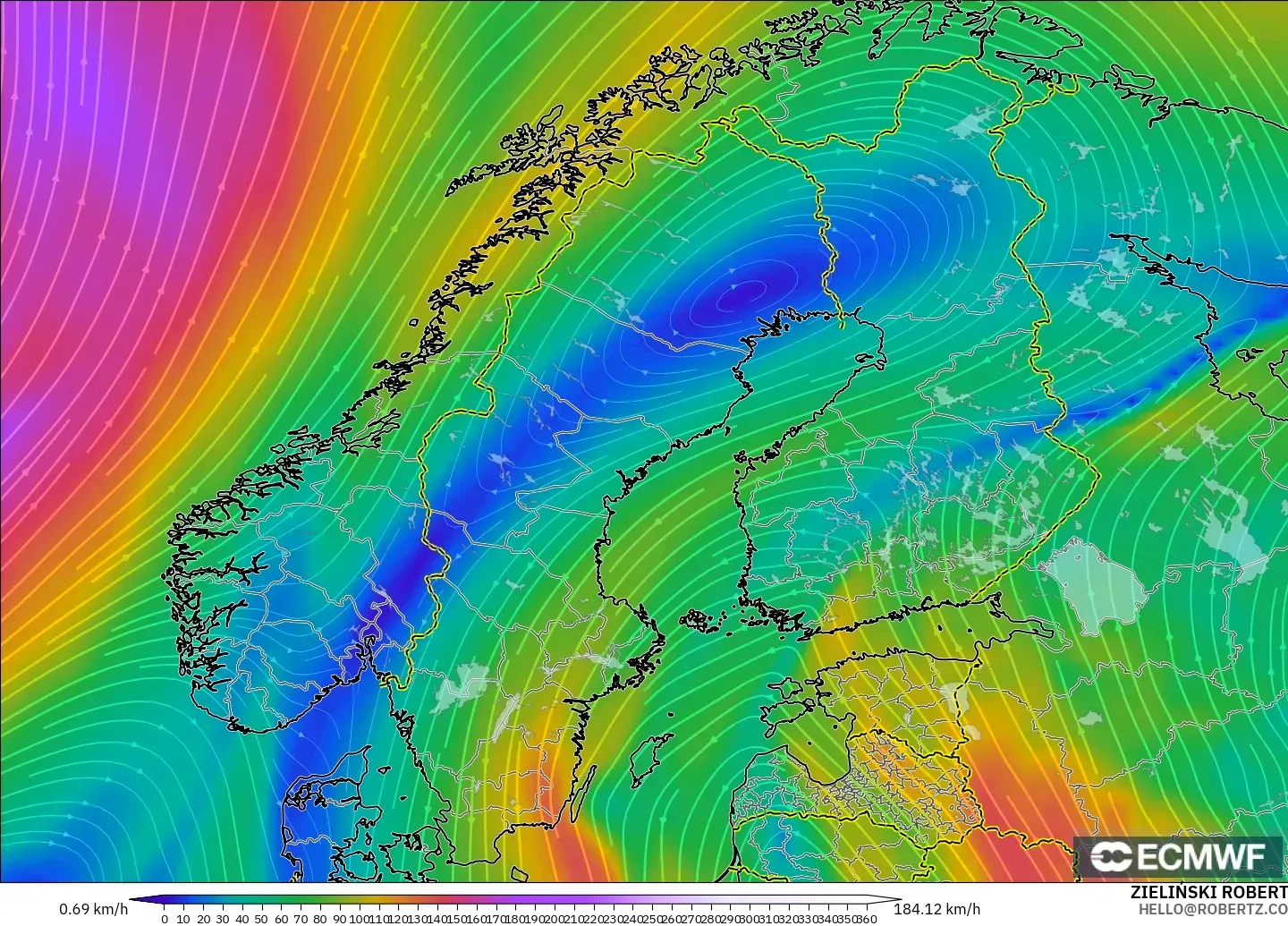 ECMWF IFS 0.25° model - Scandinavia, Wind at 300hPa (jet stream)