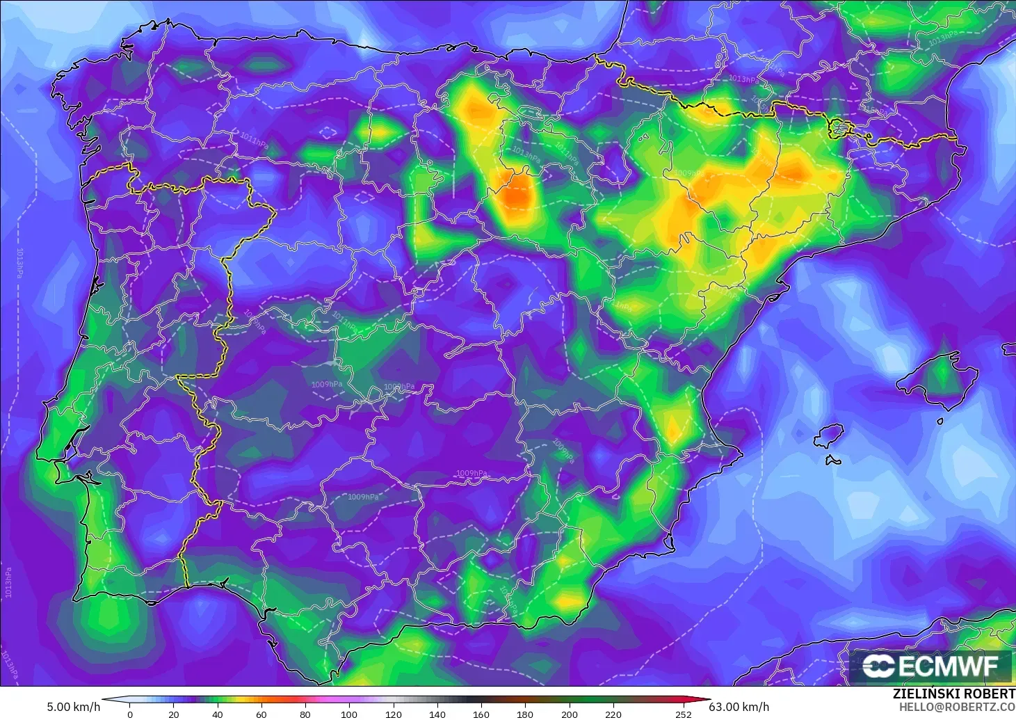 ECMWF IFS 0.25° model - Spain, Wind Gusts