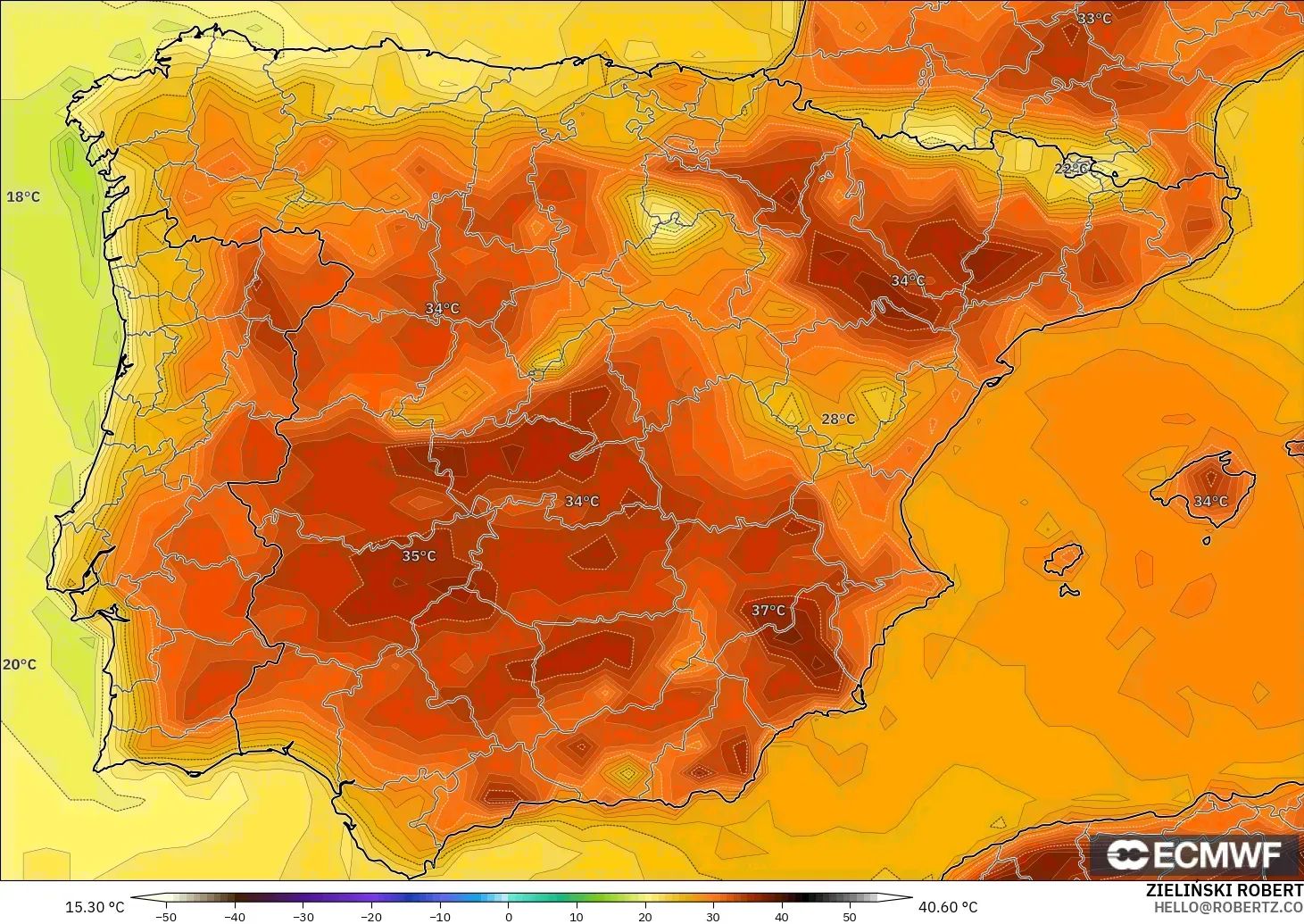 ECMWF IFS 0.25° model - Spain, Temperature at 2m