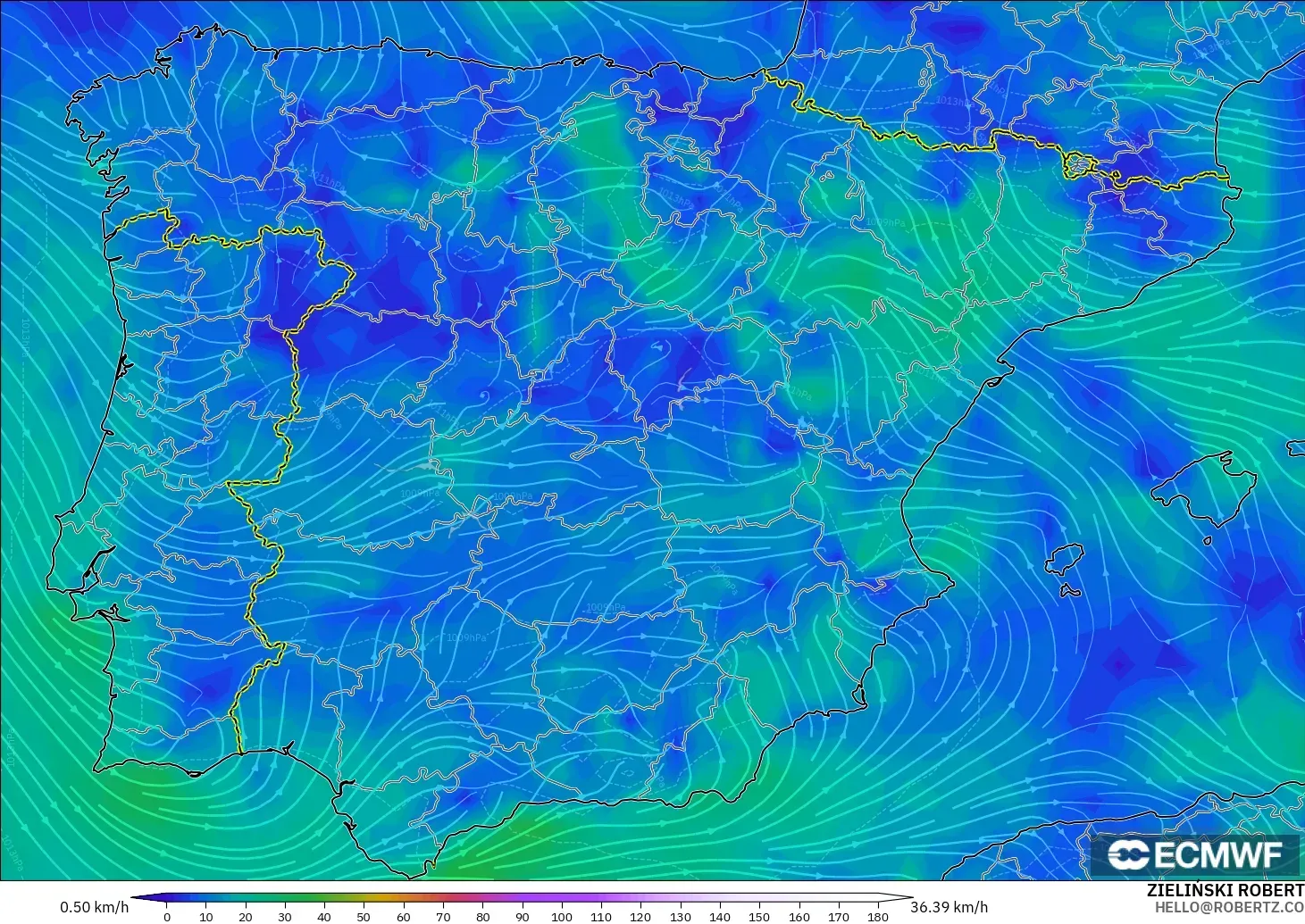 ECMWF IFS 0.25° model - Spain, Wind at 10m