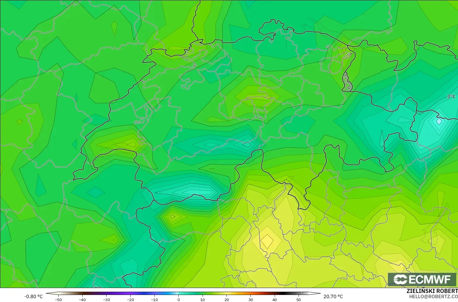 ECMWF IFS 0.25° model - Switzerland, Dewpoint at 2m