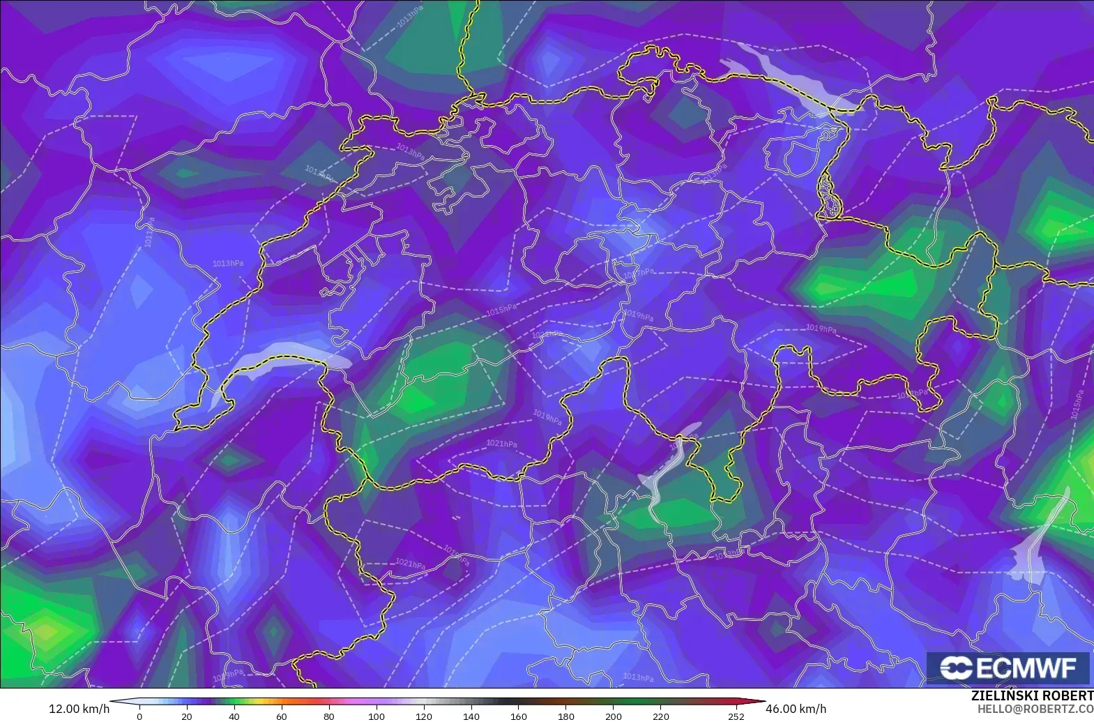 ECMWF IFS 0.25° model - Switzerland, Wind Gusts