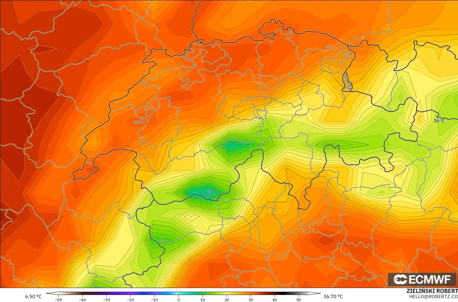 ECMWF IFS 0.25° model - Switzerland, Temperature at 2m