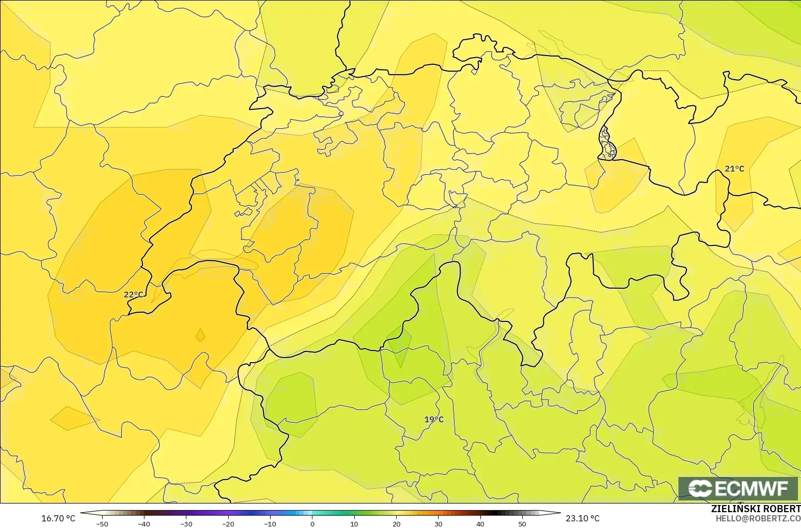 ECMWF IFS 0.25° model - Switzerland, Temperature at 850hPa