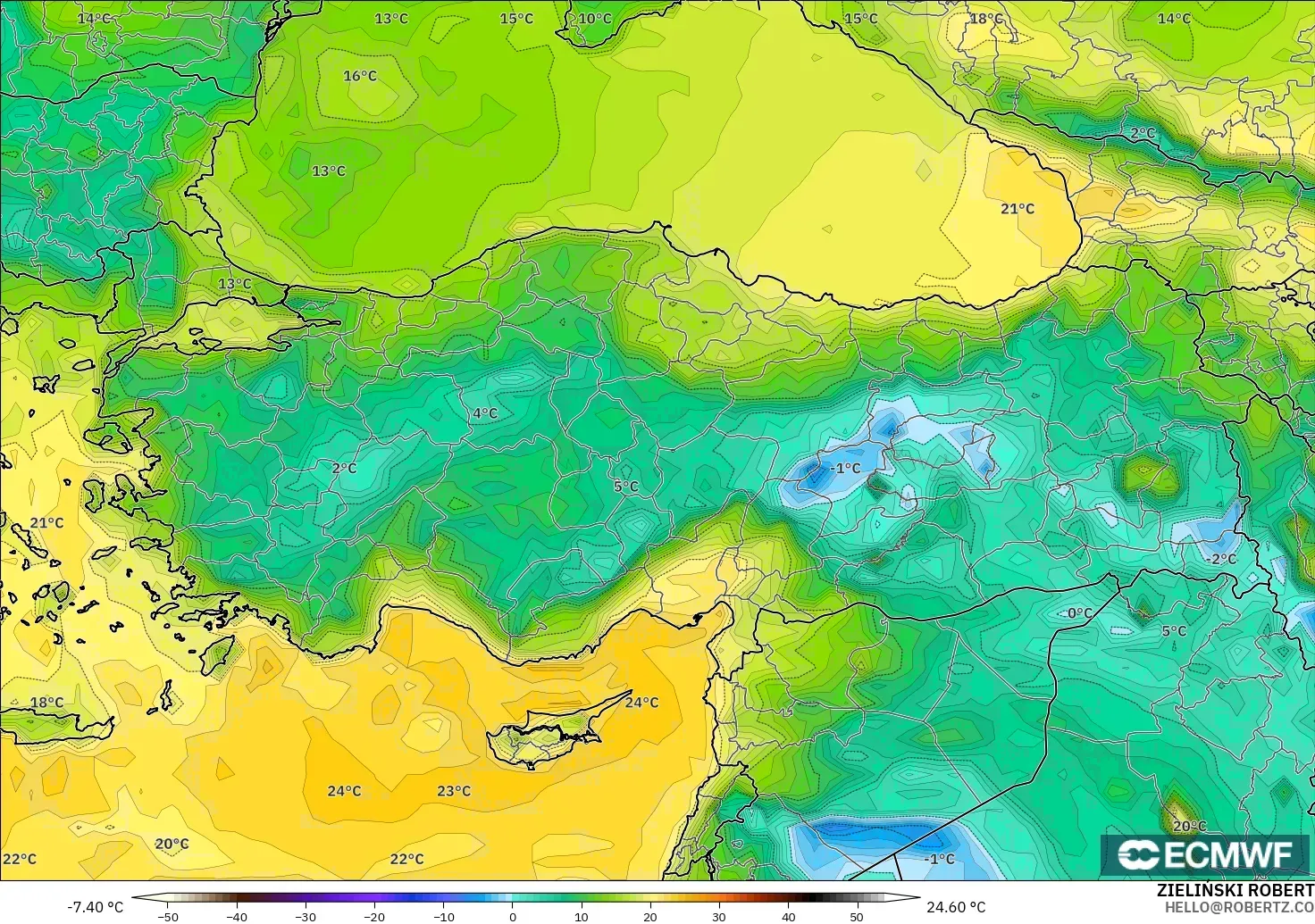 ECMWF IFS 0.25° model - Turkey, Dewpoint at 2m