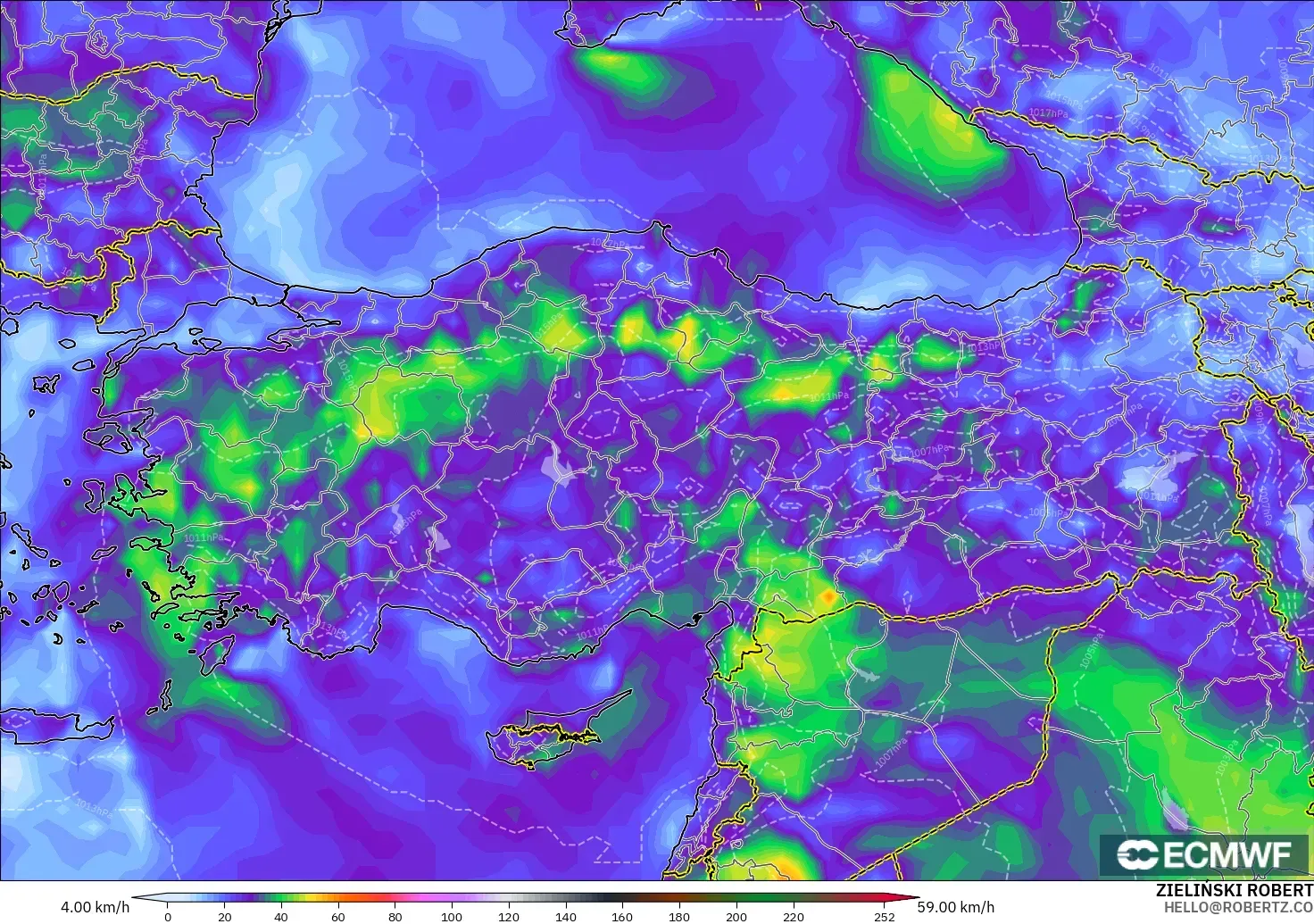 ECMWF IFS 0.25° model - Turkey, Wind Gusts Peak