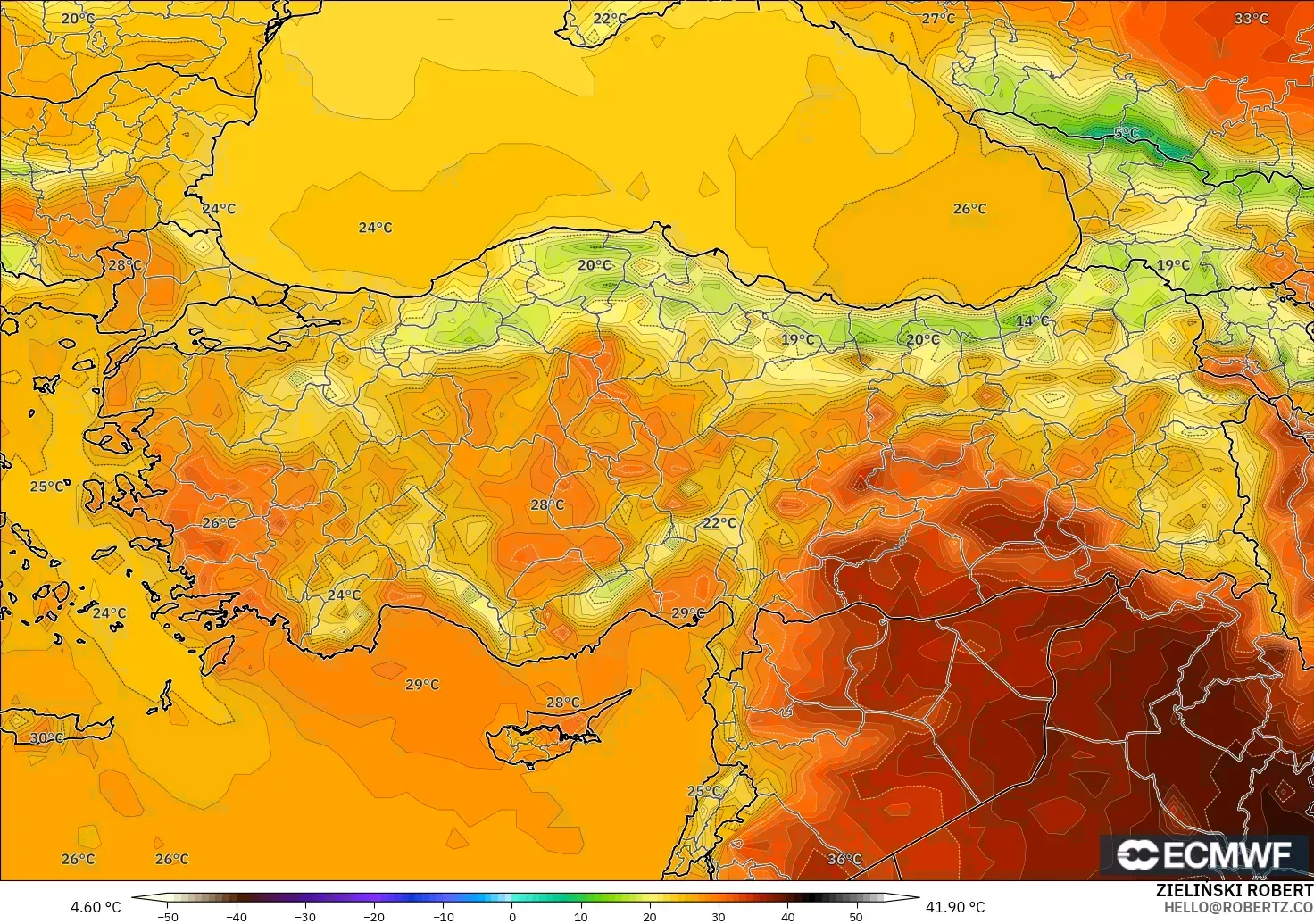 ECMWF IFS 0.25° model - Turkey, Temperature at 2m