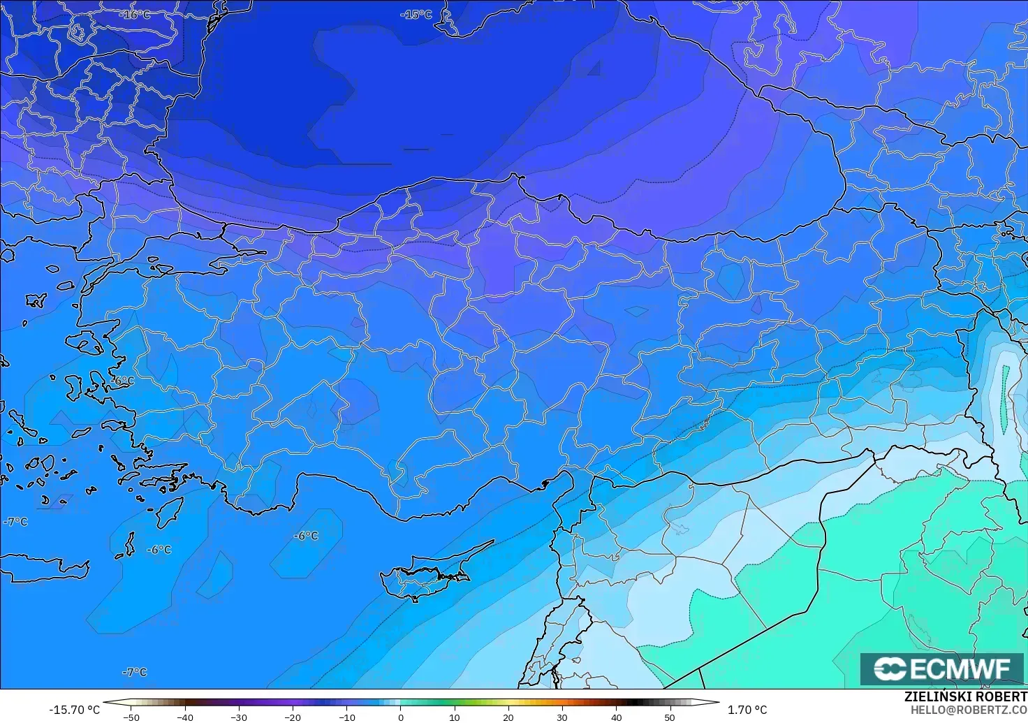 ECMWF IFS 0.25° model - Turkey, Temperature at 500hPa