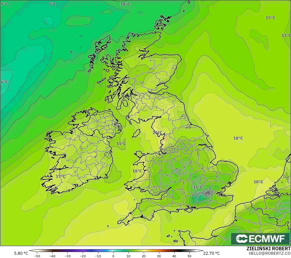 ECMWF IFS 0.25° model - United Kingdom, Dewpoint at 2m