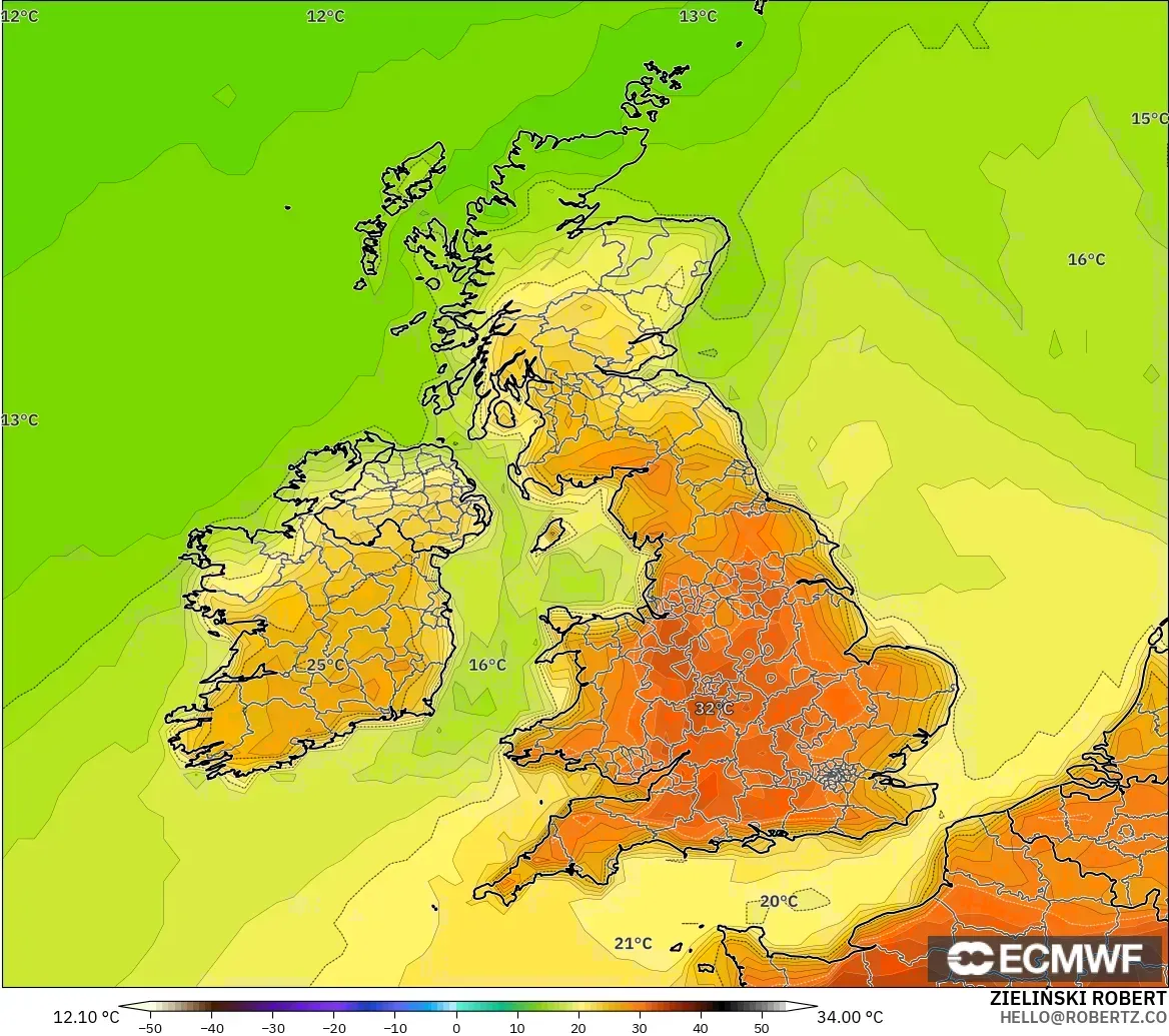 ECMWF IFS 0.25° model - United Kingdom, Temperature at 2m