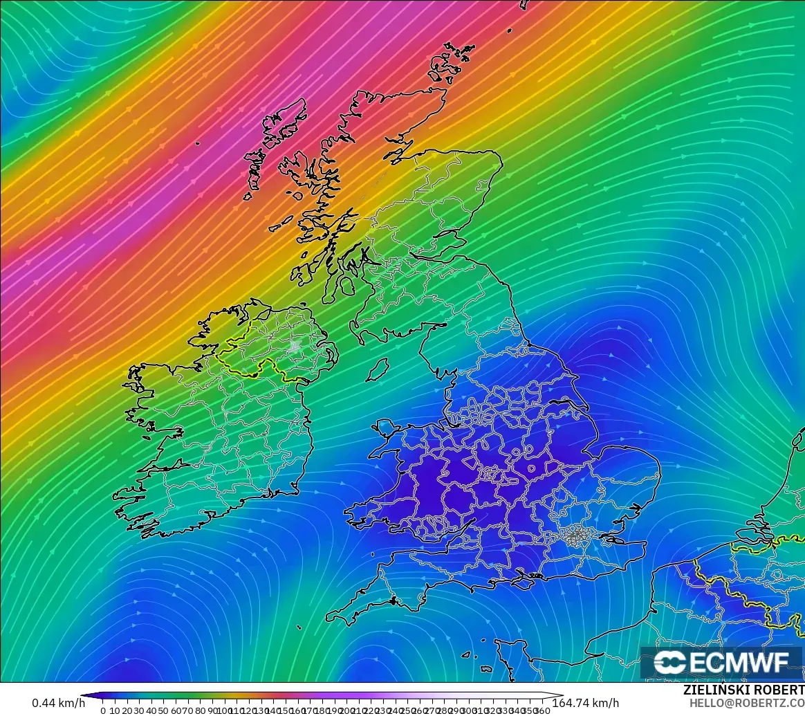 ECMWF IFS 0.25° model - United Kingdom, Wind at 300hPa (jet stream)