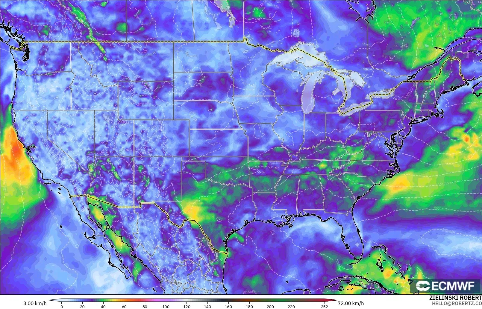 ECMWF IFS 0.25° model - United States, Wind Gusts