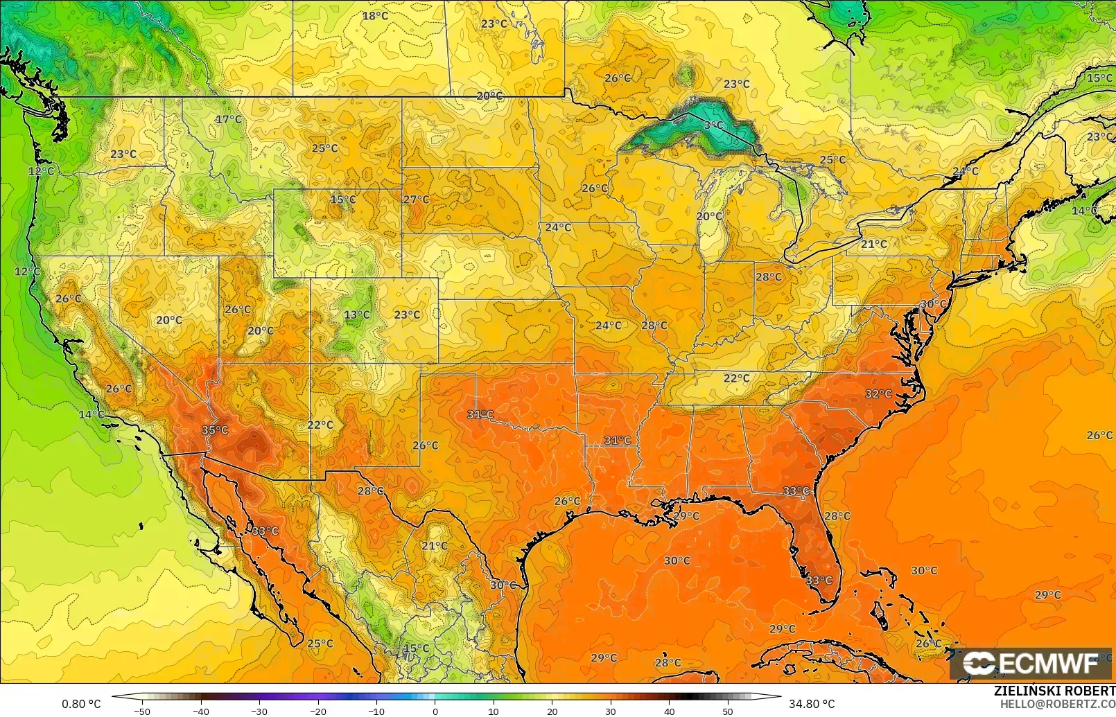 ECMWF IFS 0.25° model - United States, Temperature at 2m