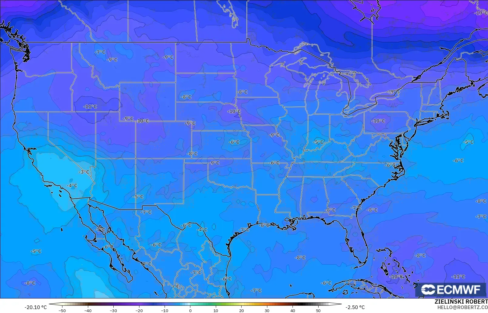 ECMWF IFS 0.25° model - United States, Temperature at 500hPa