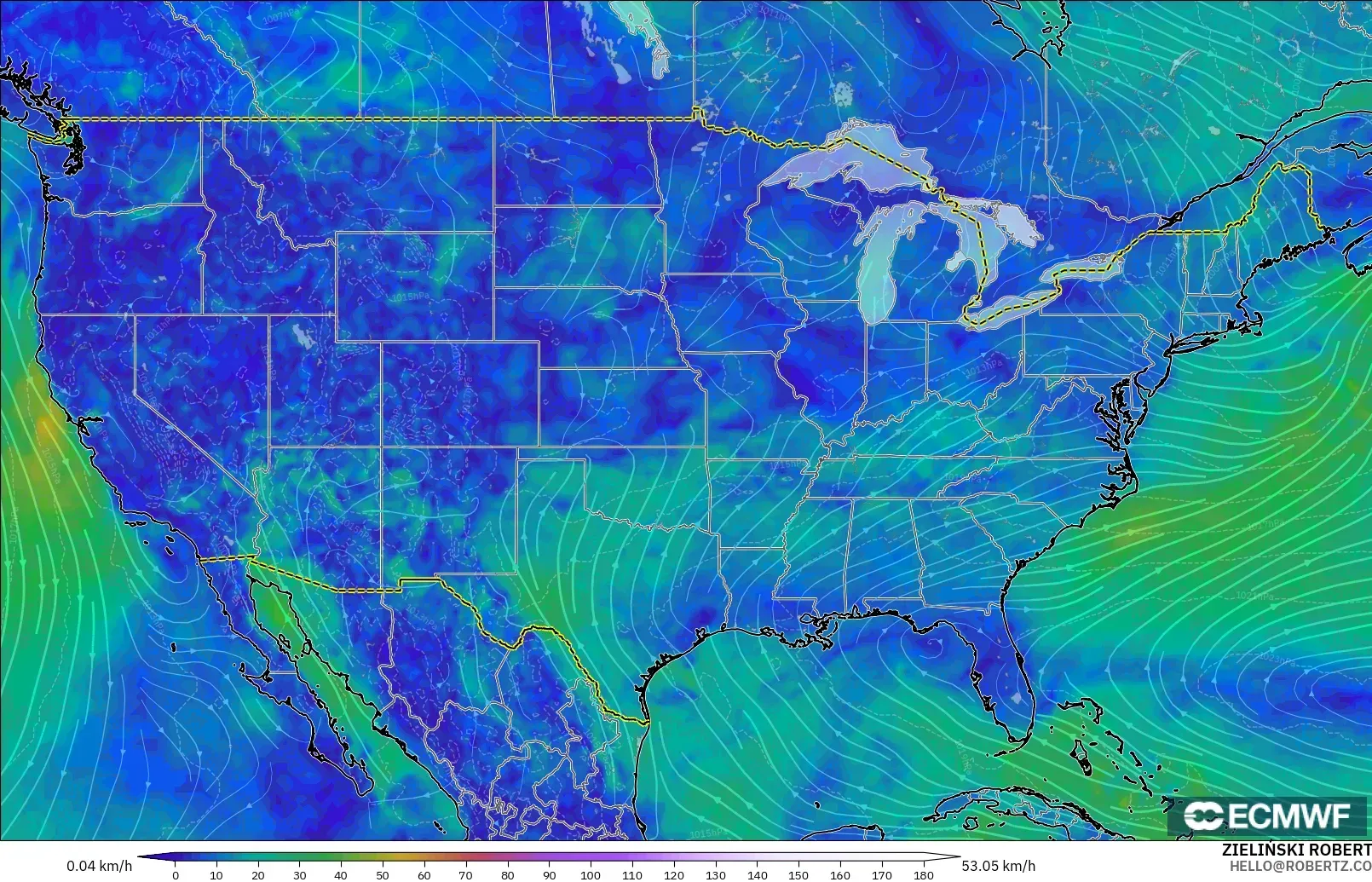 ECMWF IFS 0.25° model - United States, Wind at 10m