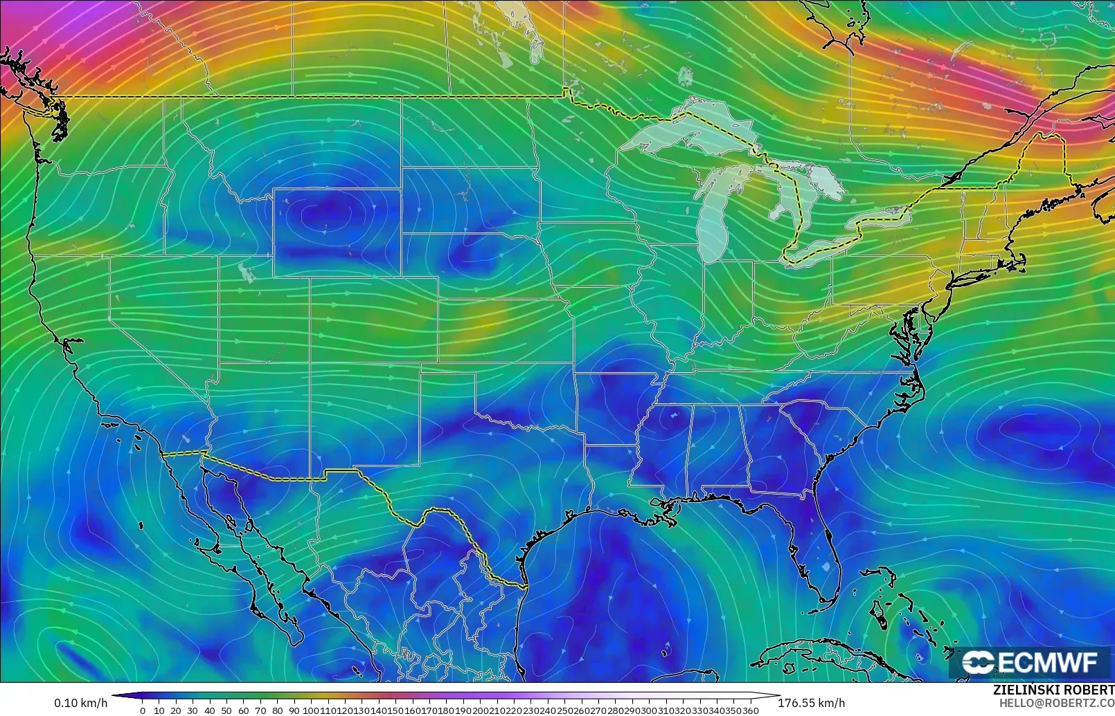 ECMWF IFS 0.25° model - United States, Wind at 300hPa (jet stream)