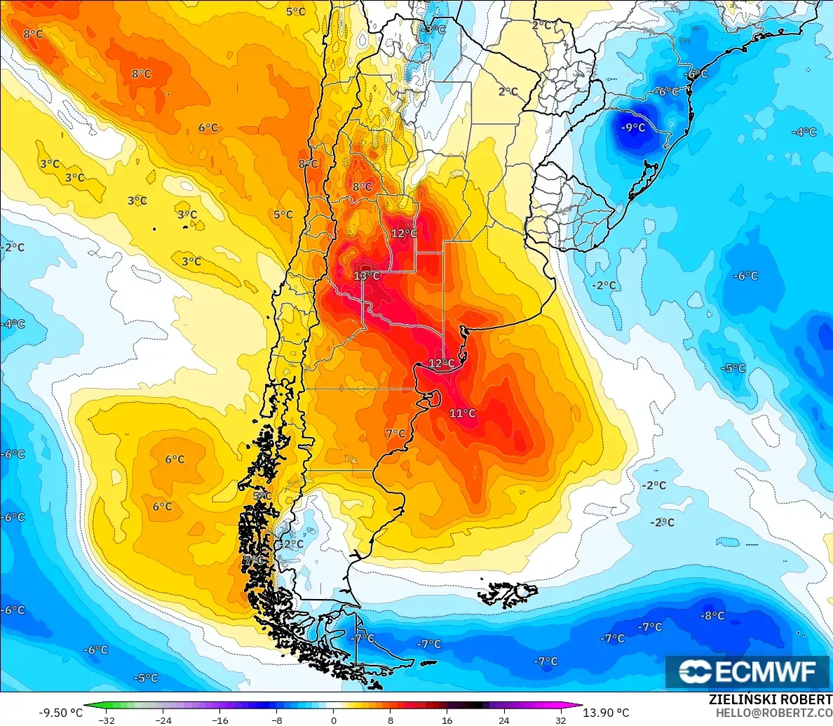 ECMWF IFS 0.25° model - Argentina, Temperature at 850hPa Anomaly