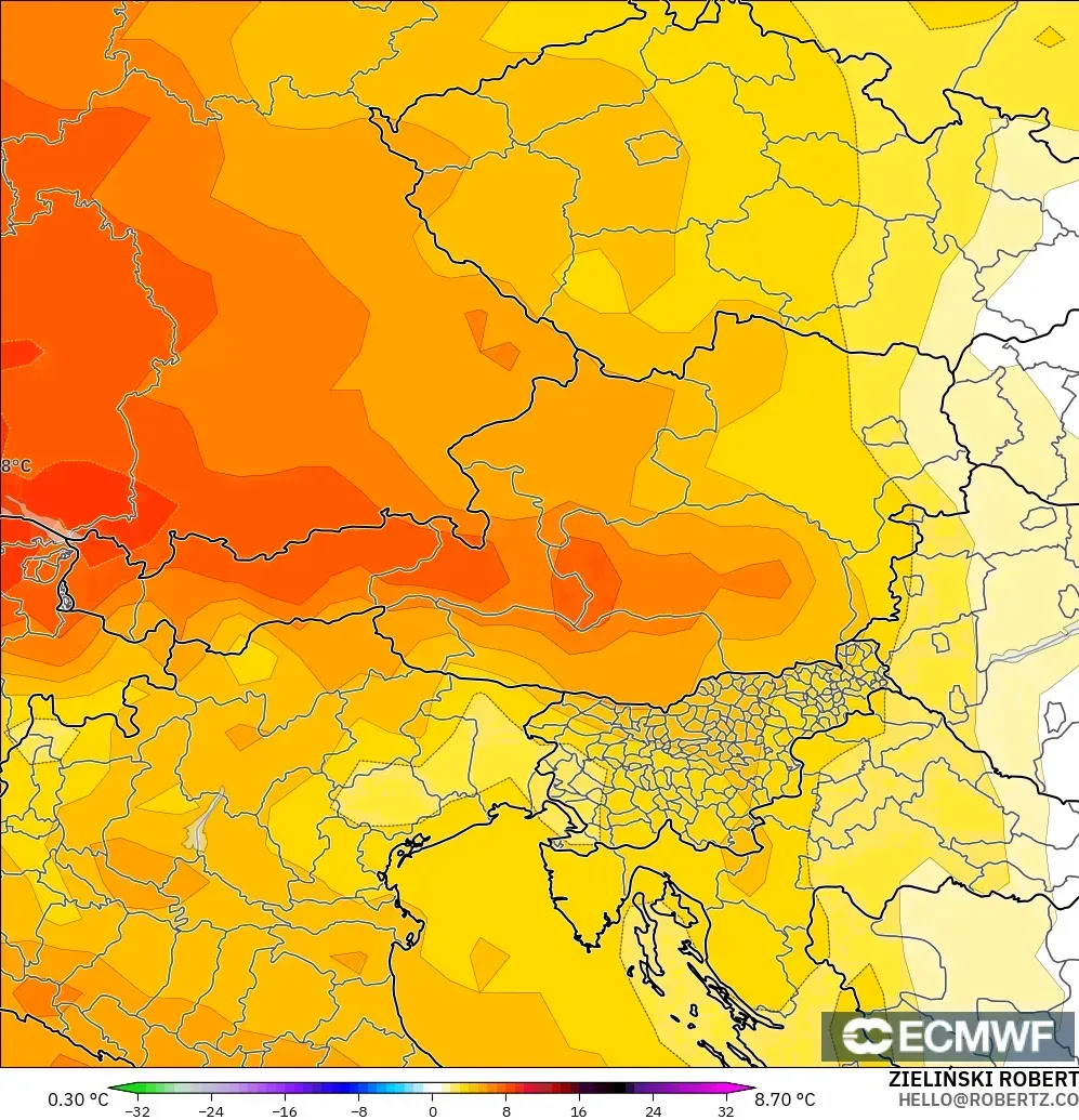 ECMWF IFS 0.25° model - Austria, Temperature at 850hPa Anomaly