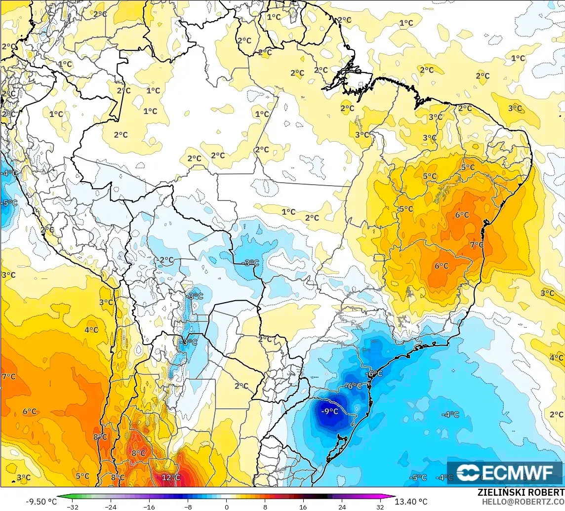 ECMWF IFS 0.25° model - Brazil, Temperature at 850hPa Anomaly