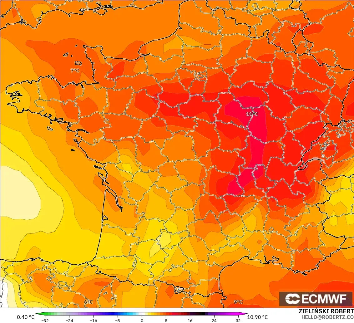ECMWF IFS 0.25° model - France, Temperature at 850hPa Anomaly