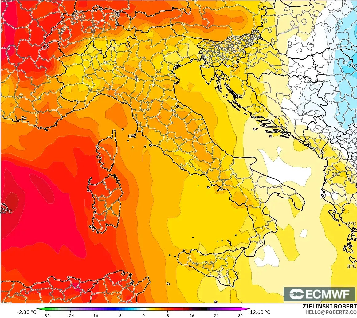 ECMWF IFS 0.25° model - Italy, Temperature at 850hPa Anomaly