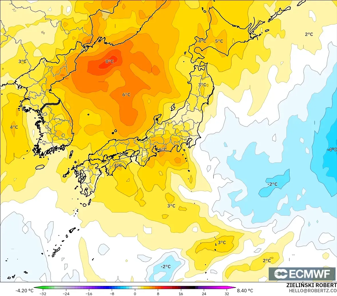ECMWF IFS 0.25° model - Japan, Temperature at 850hPa Anomaly