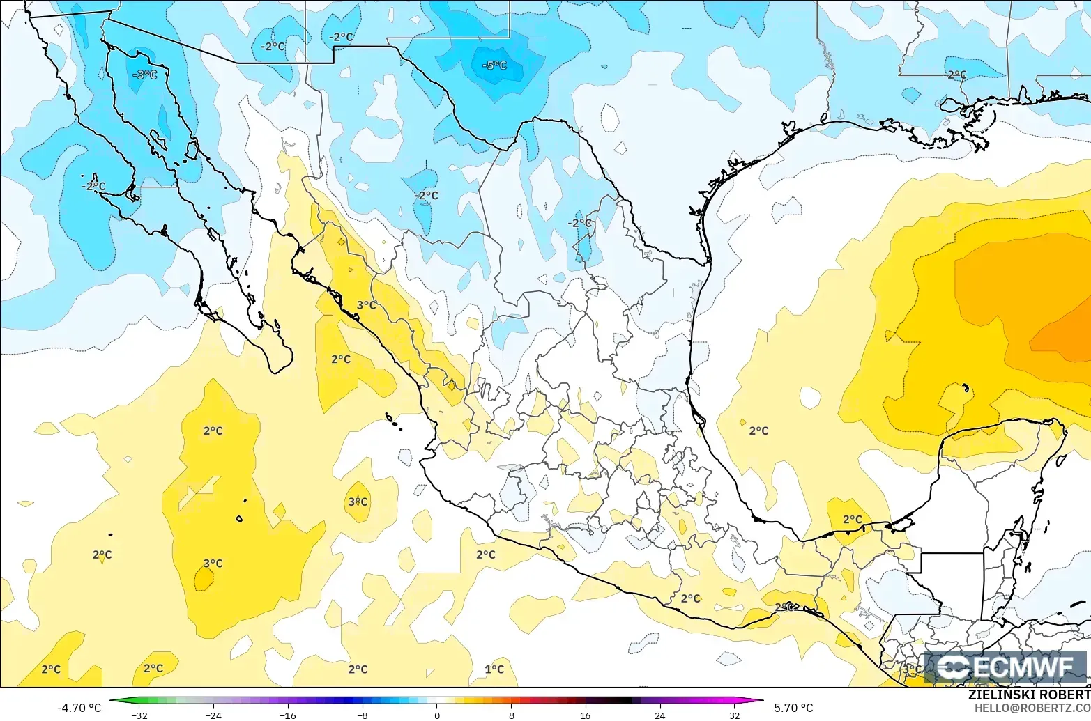 ECMWF IFS 0.25° model - Mexico, Temperature at 850hPa Anomaly