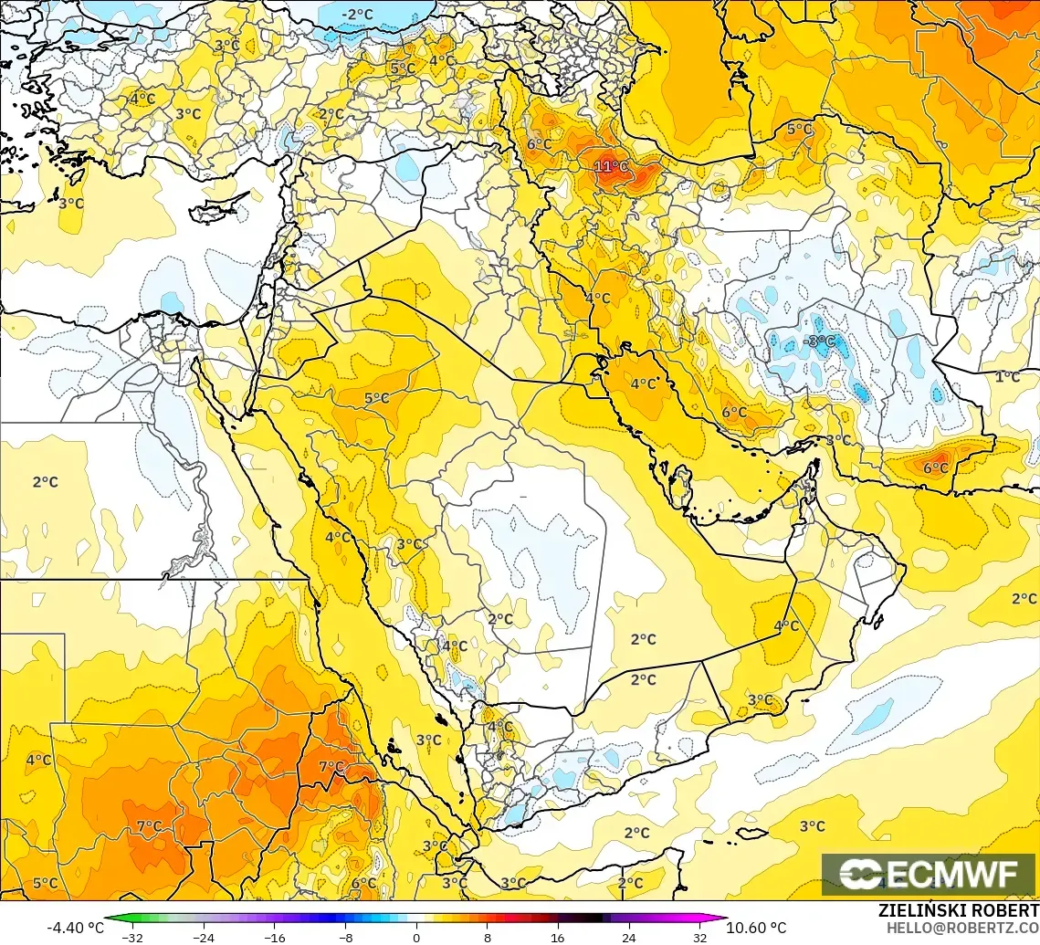 ECMWF IFS 0.25° model - Middle East, Temperature at 850hPa Anomaly
