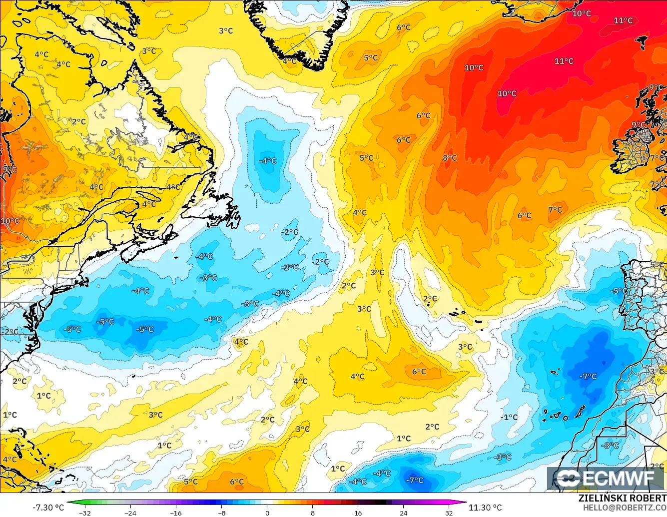ECMWF IFS 0.25° model - North Atlantic, Temperature at 850hPa Anomaly