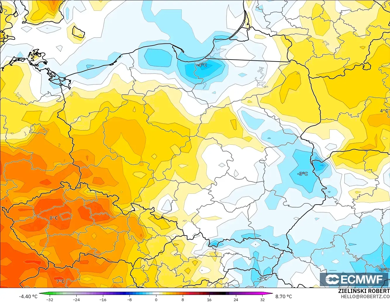 ECMWF IFS 0.25° model - Poland, Temperature at 2m Anomaly