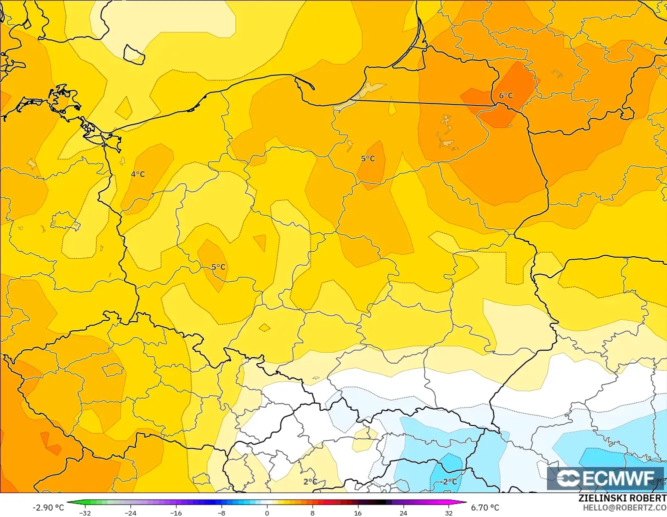 ECMWF IFS 0.25° model - Poland, Temperature at 850hPa Anomaly