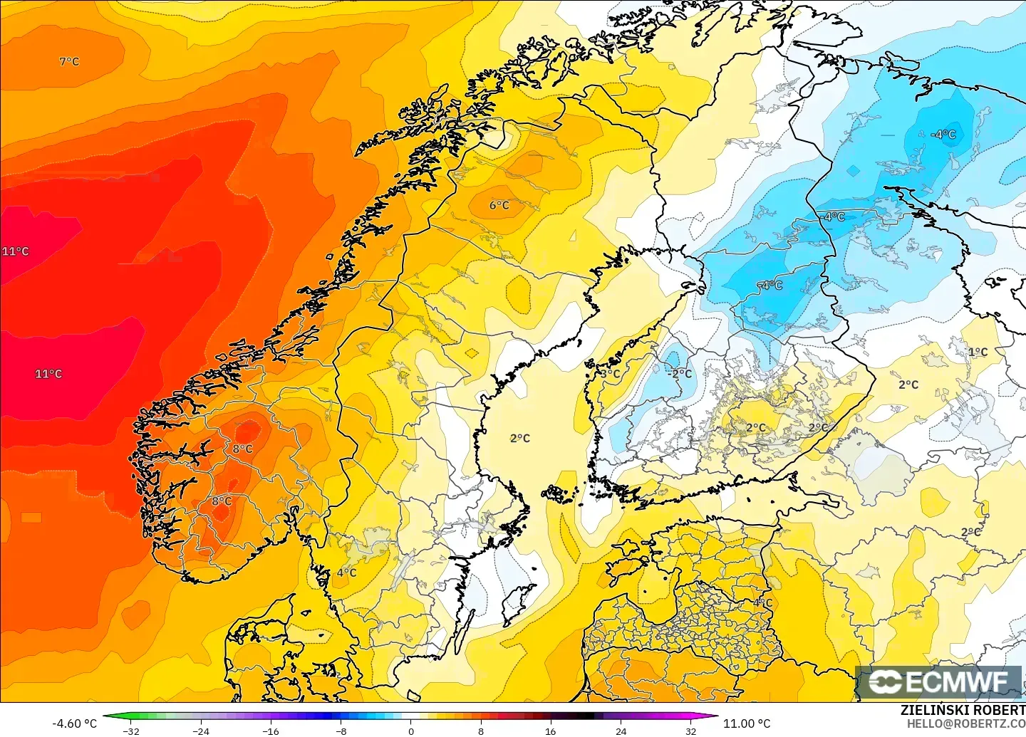 ECMWF IFS 0.25° model - Scandinavia, Temperature at 850hPa Anomaly