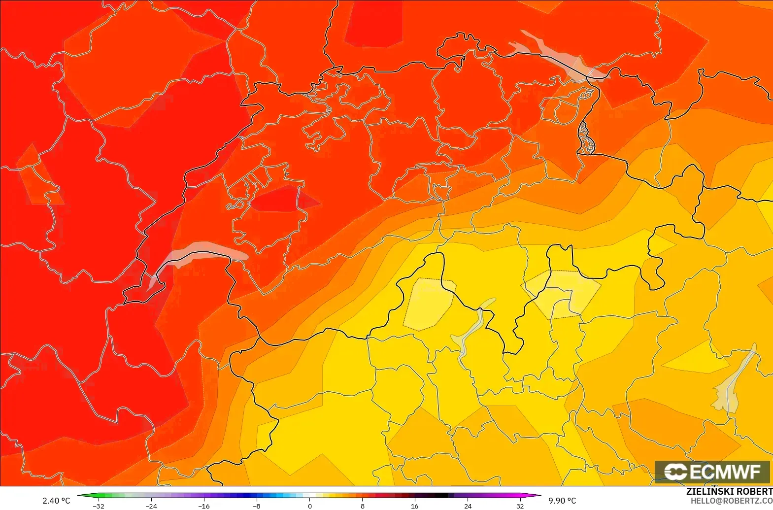 ECMWF IFS 0.25° model - Switzerland, Temperature at 850hPa Anomaly