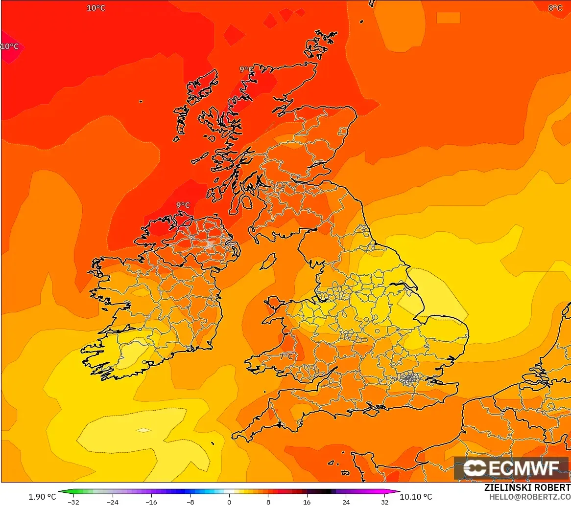 ECMWF IFS 0.25° model - United Kingdom, Temperature at 850hPa Anomaly