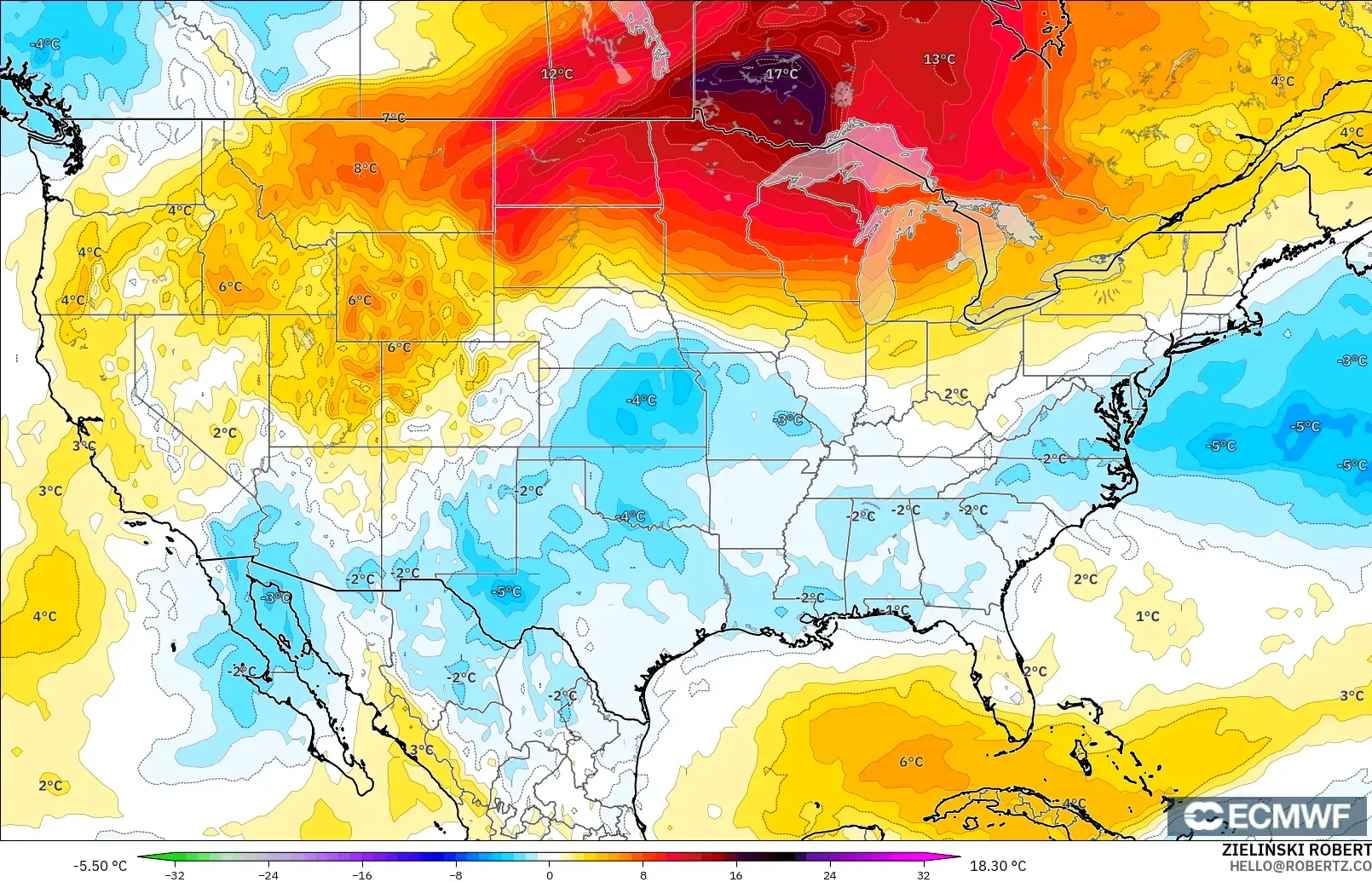 ECMWF IFS 0.25° model - United States, Temperature at 850hPa Anomaly