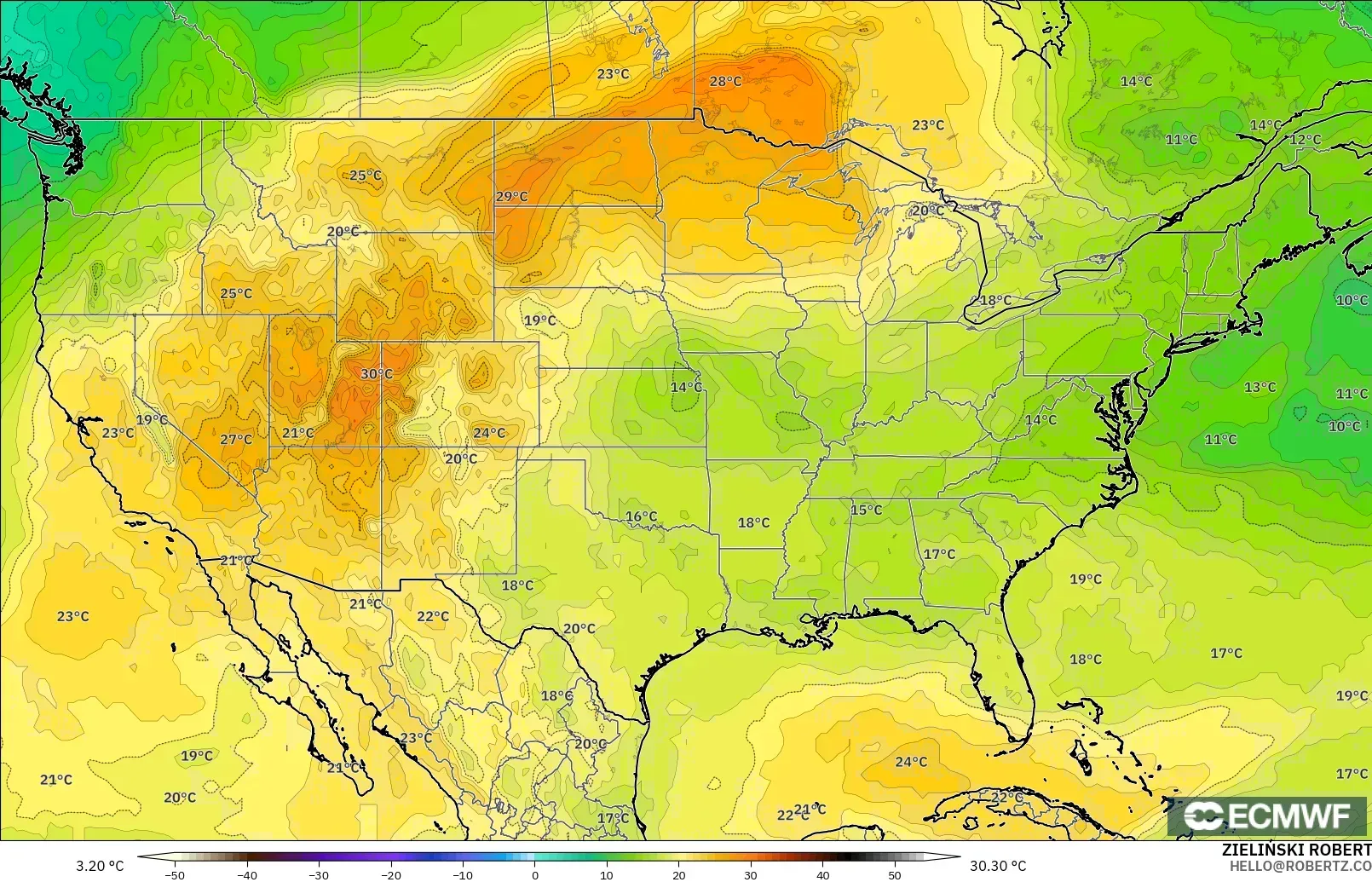 ECMWF IFS 0.25° model - United States, Temperature at 850hPa
