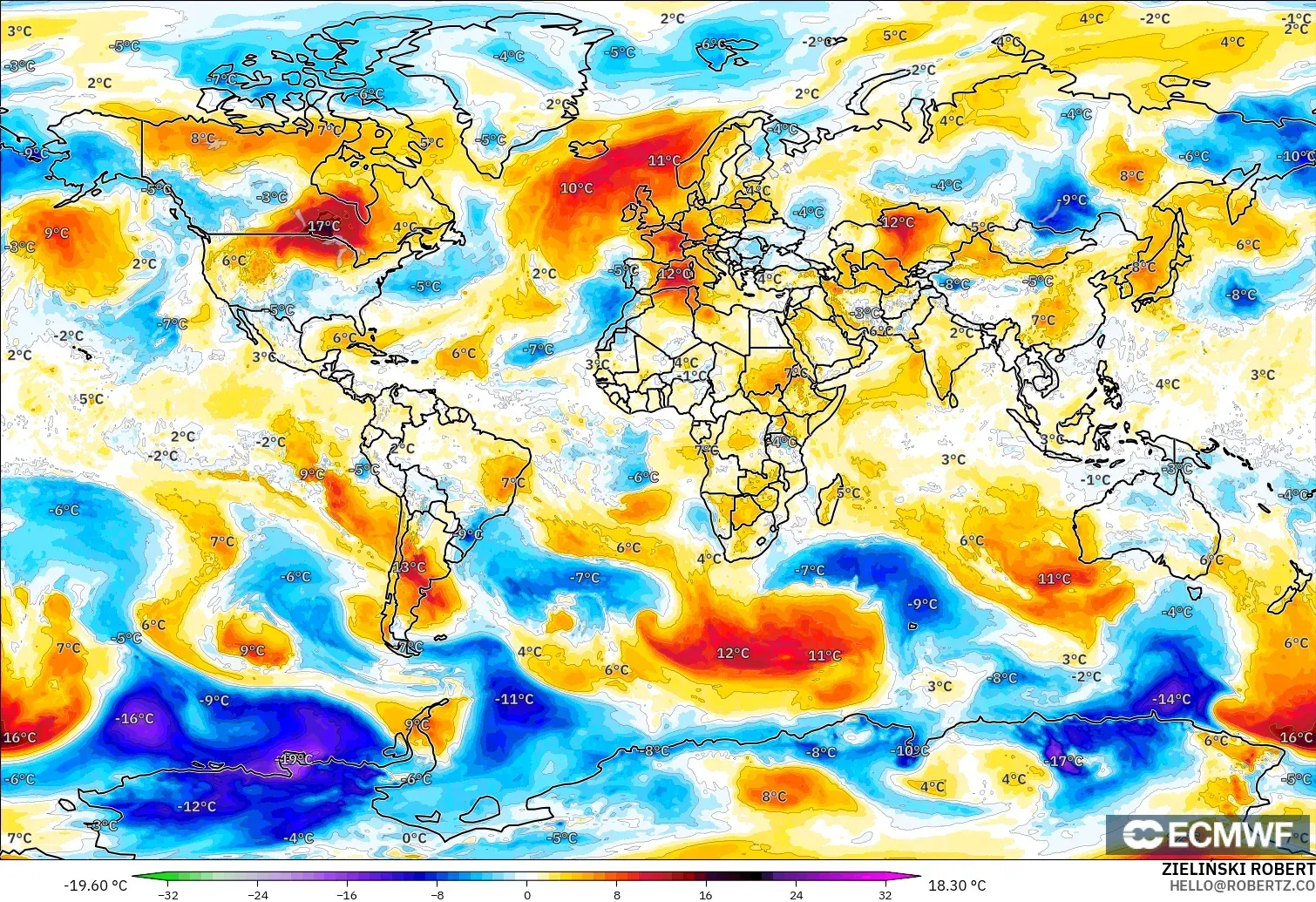 ECMWF IFS 0.25° model - World, Temperature at 850hPa Anomaly