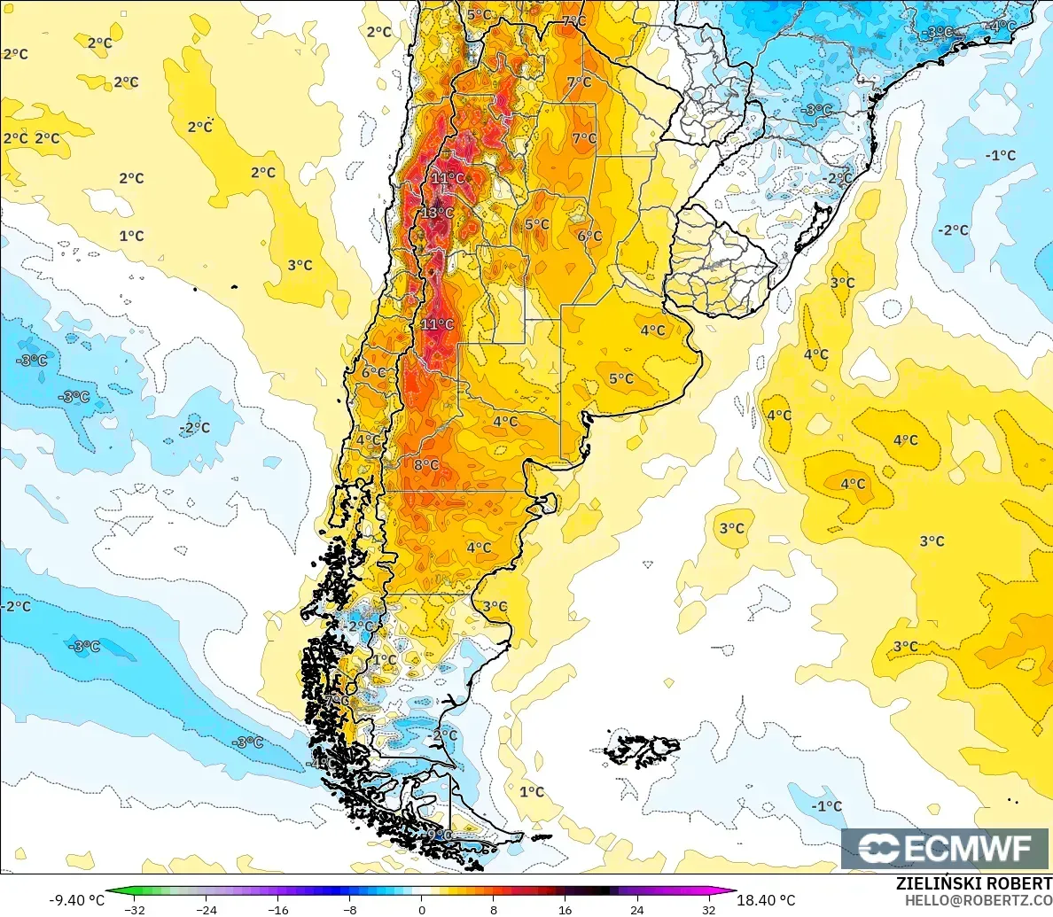 ECMWF IFS 0.25° model - Argentina, Temperature at 2m Anomaly